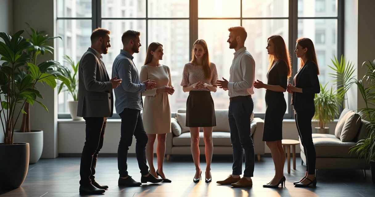 Pessoas em círculo conversando, trocando ideias em ambiente de trabalho 