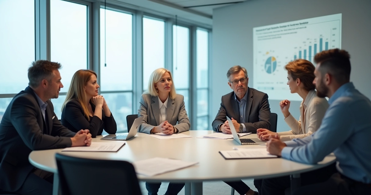 Grupo de investidores reunidos em roda discutindo investimentos com expressão de dúvida