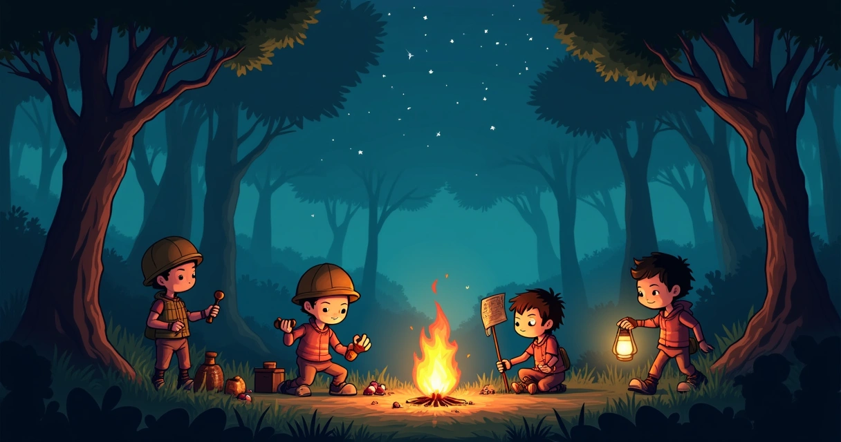 Grupo de quatro jogadores em um ambiente de sobrevivência noturno com coleta e construção.