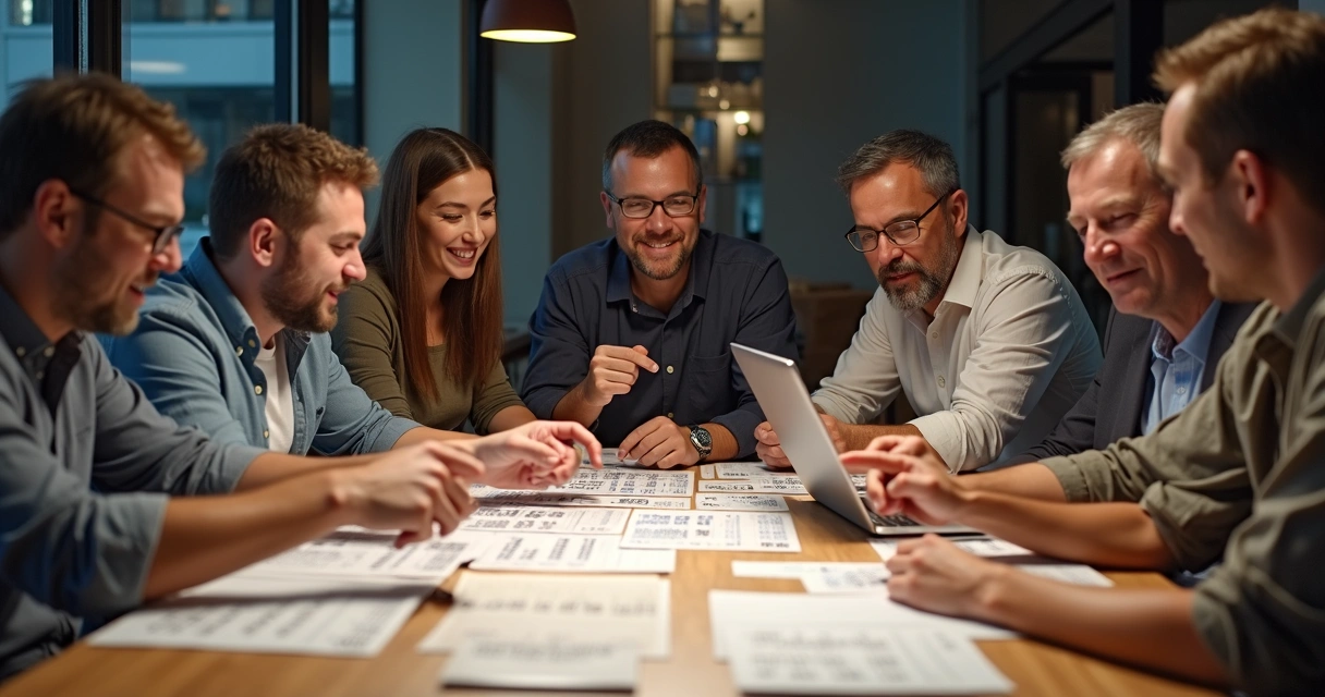 Grupo de pessoas reunidas em uma mesa, analisando bilhetes de Lotomania 