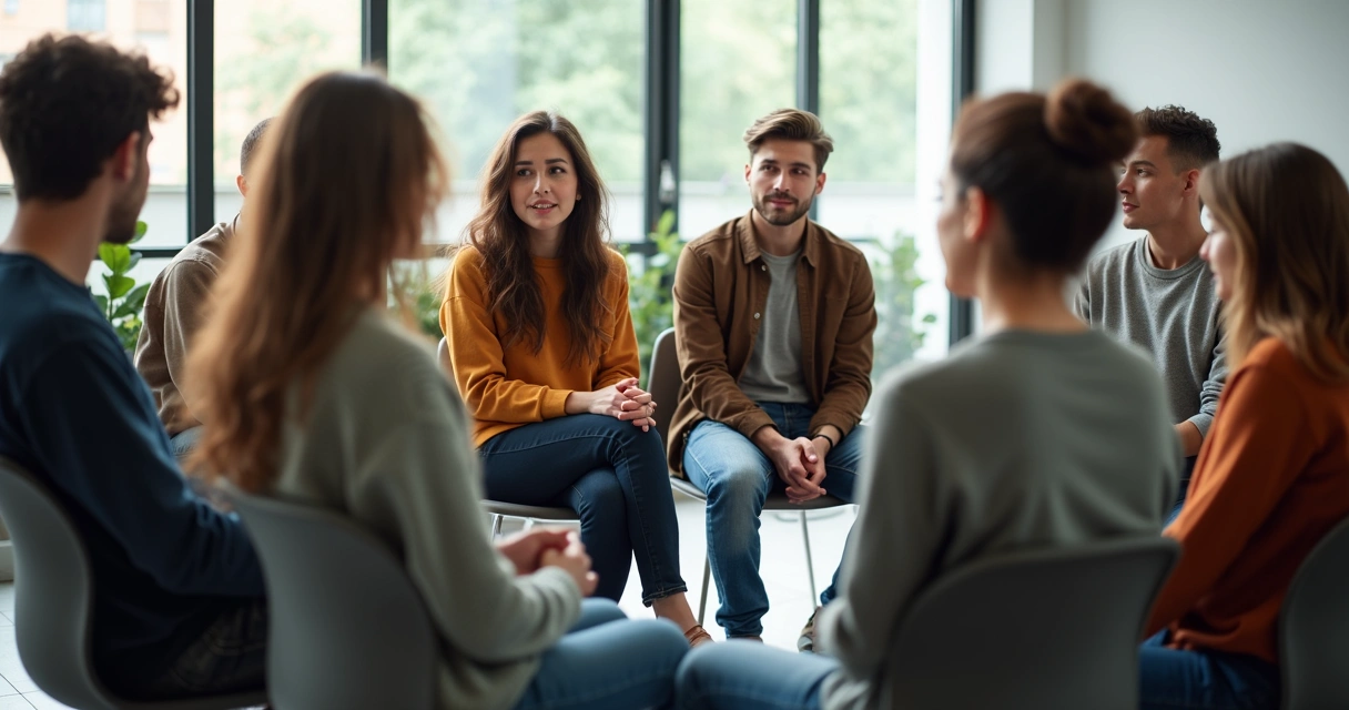 Grupo de jóvenes discutiendo valores en un círculo de sillas