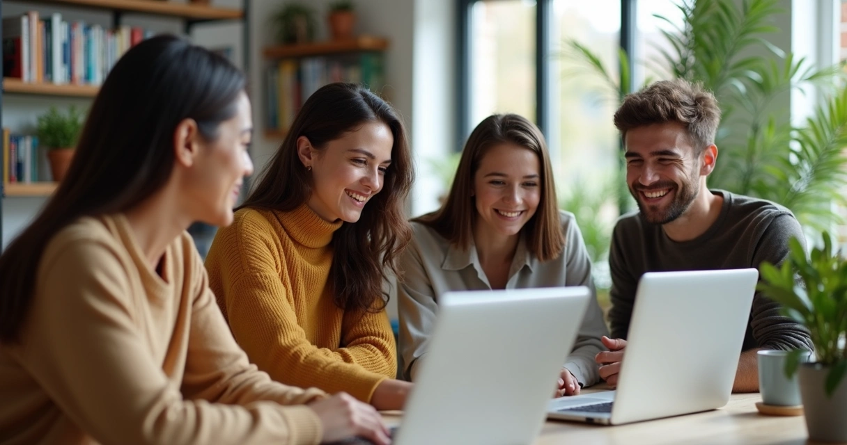 Grupo de jóvenes compartiendo experiencias online frente a computadoras