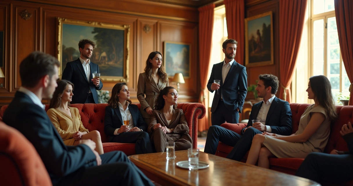 Grupo de jóvenes en una mansión elegante 