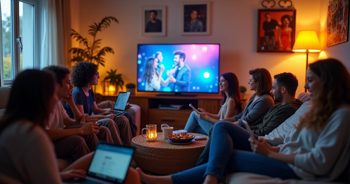 Grupo de jóvenes viendo un reality musical en pantalla grande