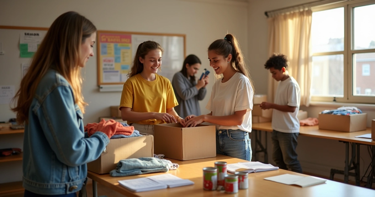 Grupo de jóvenes ordenando donaciones en un espacio comunitario
