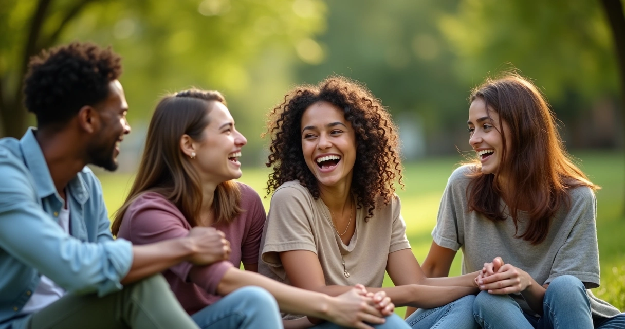 Grupo de jovens sorrindo e conversando de forma animada ao ar livre 