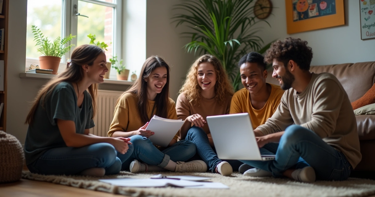 Grupo de jovens sentados discutindo opções de carreira 