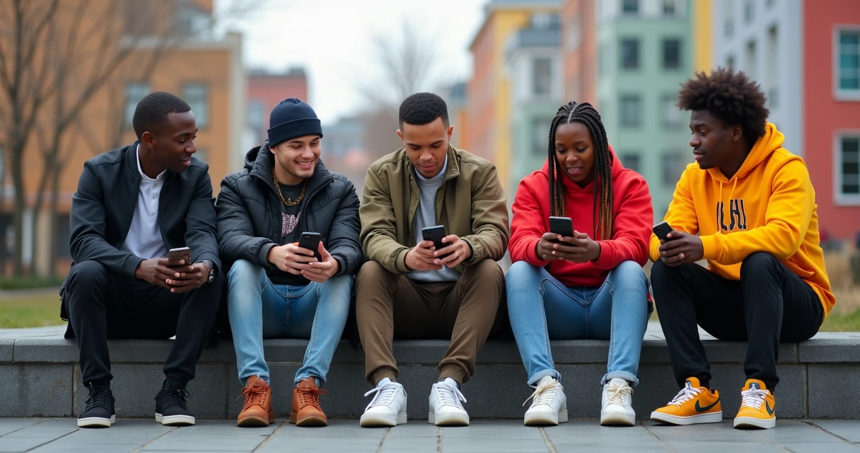 Grupo de jovens sentados em praça usando roupas streetwear trendy 