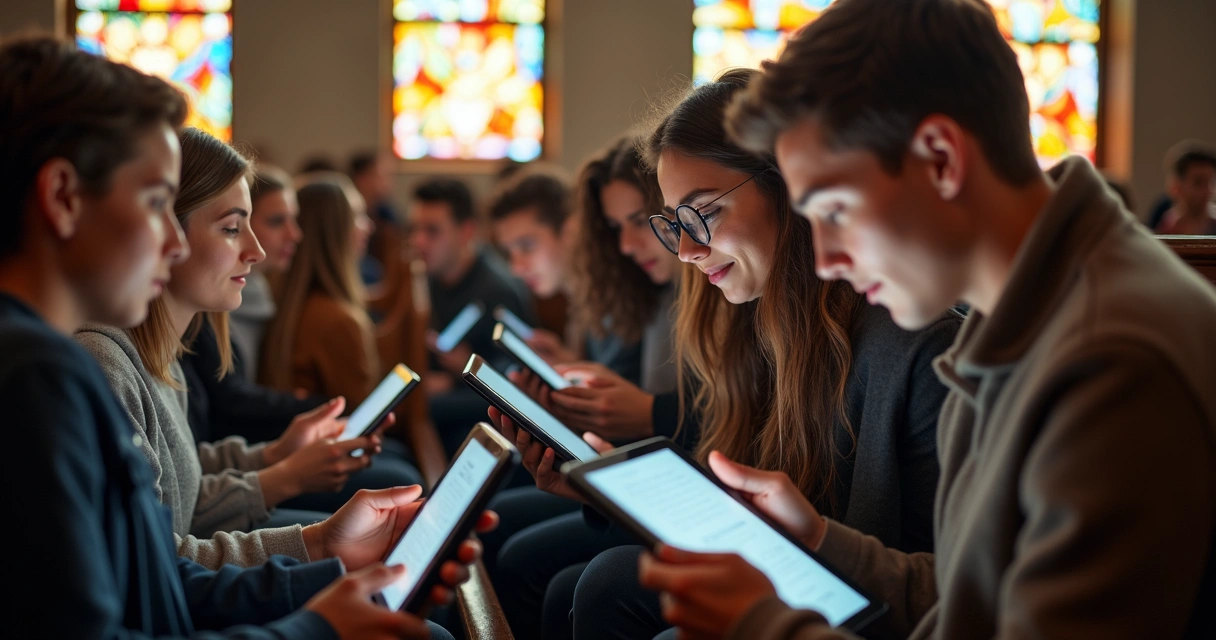 Jovens na igreja usando tablets para estudos religiosos 