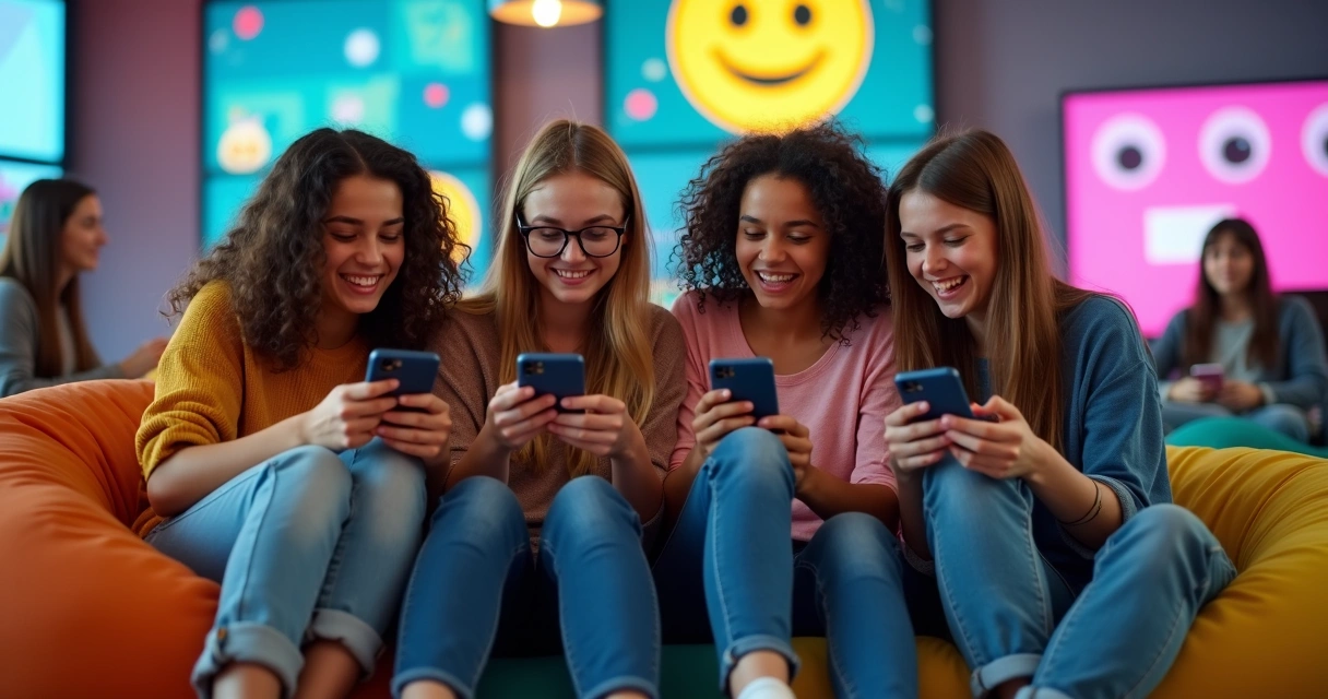 Jovens sentados juntos mexendo no celular em ambiente descontraído