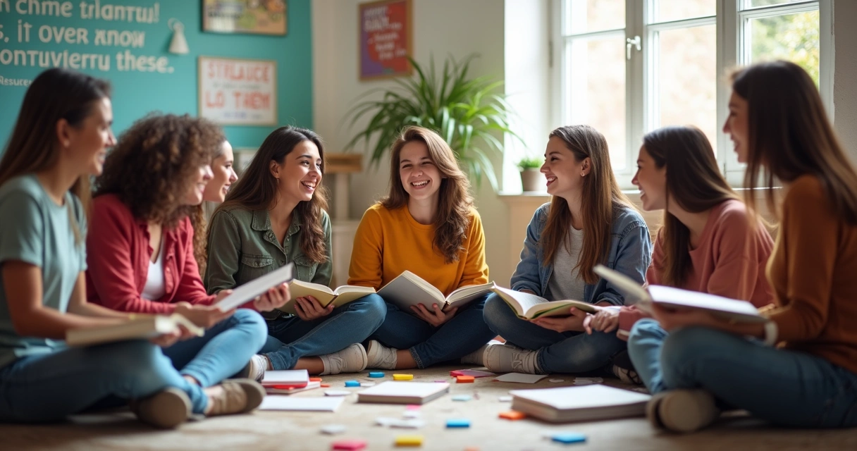 Grupo de jovens reunidos, sorrindo, sentados com livros