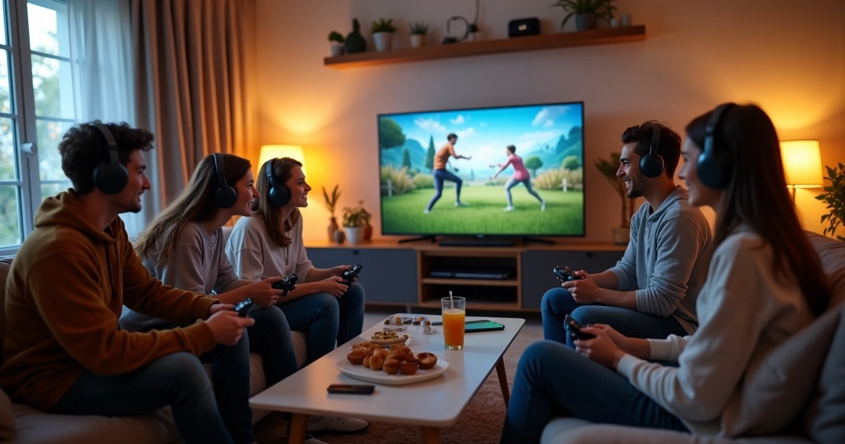 Grupo de personas adultas jugando videojuegos online juntos en una sala moderna. 