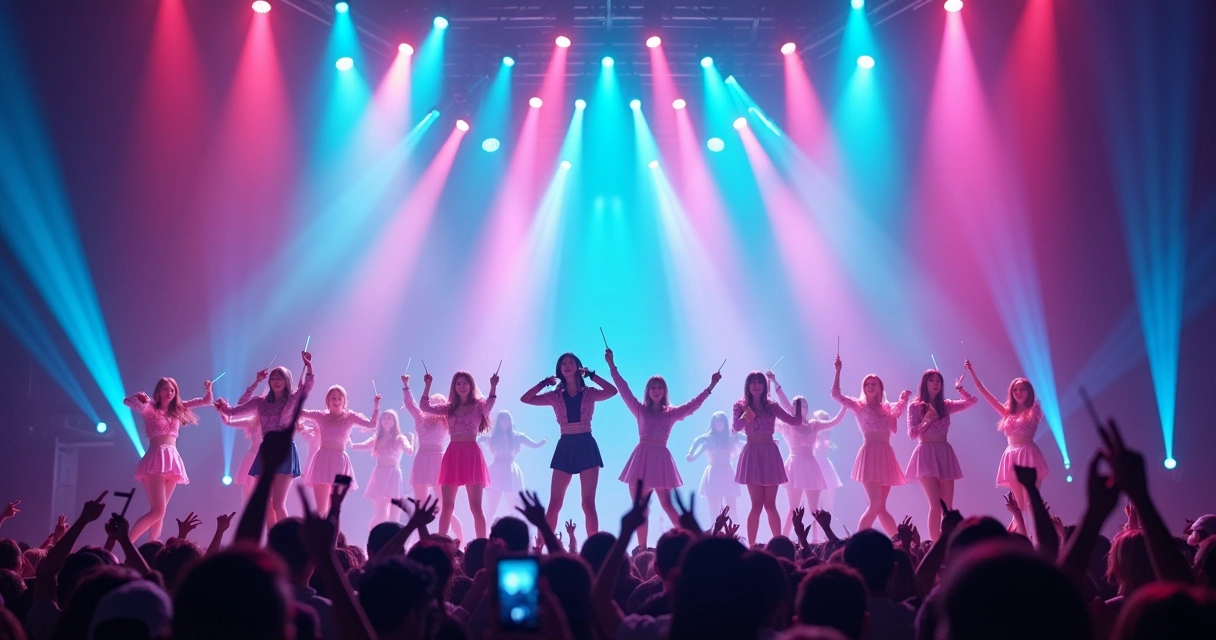 Grupo de K-pop bailando en escenario con luces de colores y público animado 