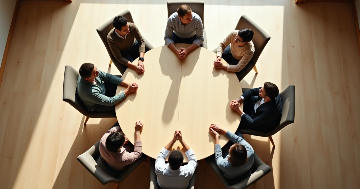 Grupo em mesa redonda com sombras projetando outra configuração no chão 