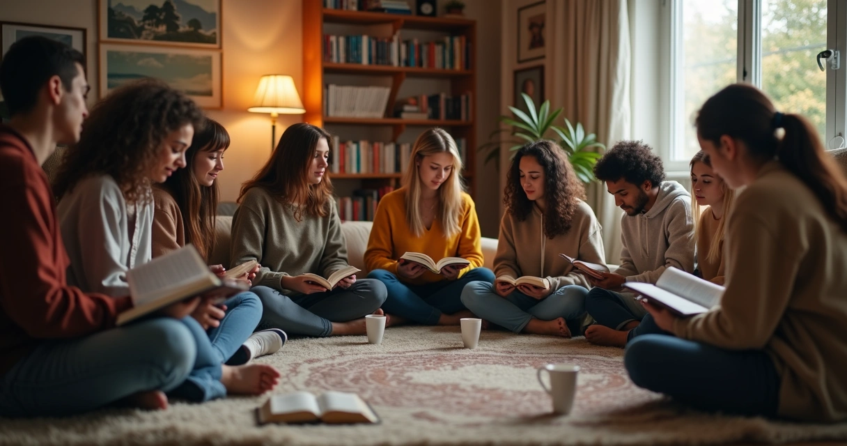 Grupo de jovens em círculo lendo e orando com a Bíblia 