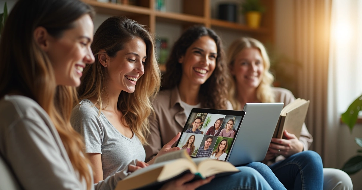 Mulheres segurando Bíblia em chamada de vídeo 