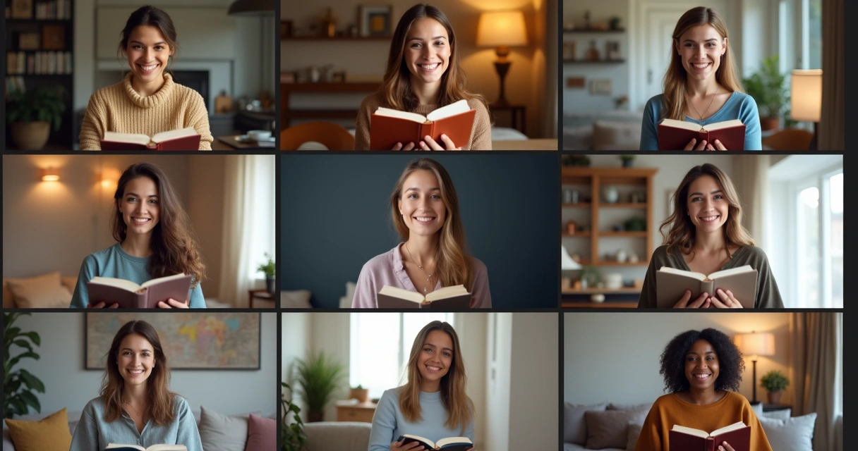 Mulheres em videochamada sorrindo enquanto fazem leitura bíblica online, cada uma com Bíblia aberta, ambiente claro e acolhedor 