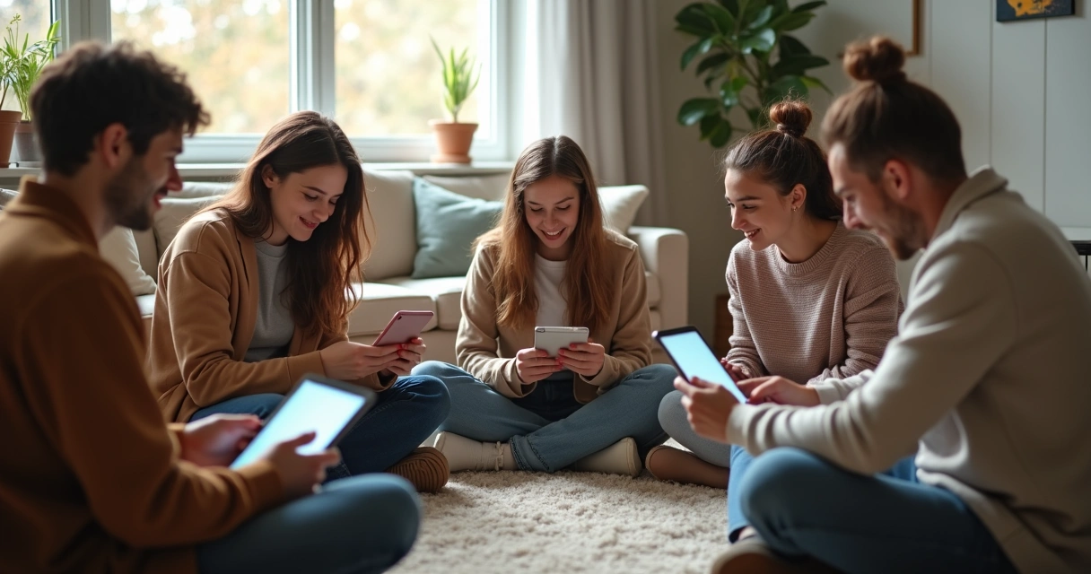Jovens sentados em círculo lendo livros digitais 