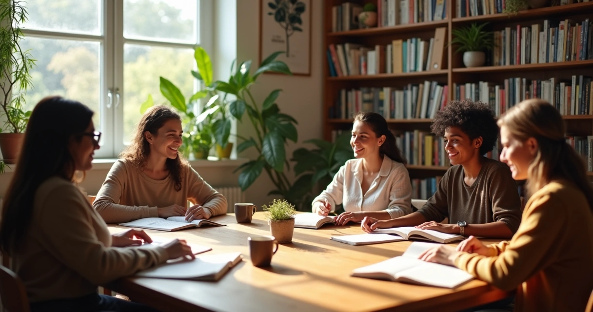 Grupo reunido em sala clara realizando leitura coletiva de poemas com livros abertos 