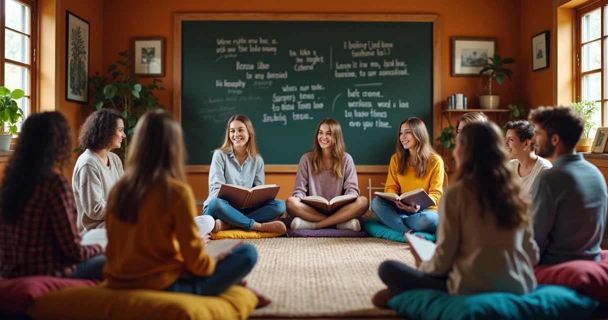 Jovens sentados em roda, lendo e debatendo poesia e filosofia juntos 