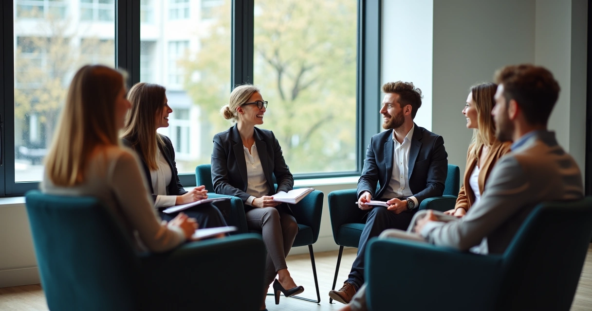 Grupo de líderes sentados em círculo em uma sala moderna, sorrindo e discutindo 
