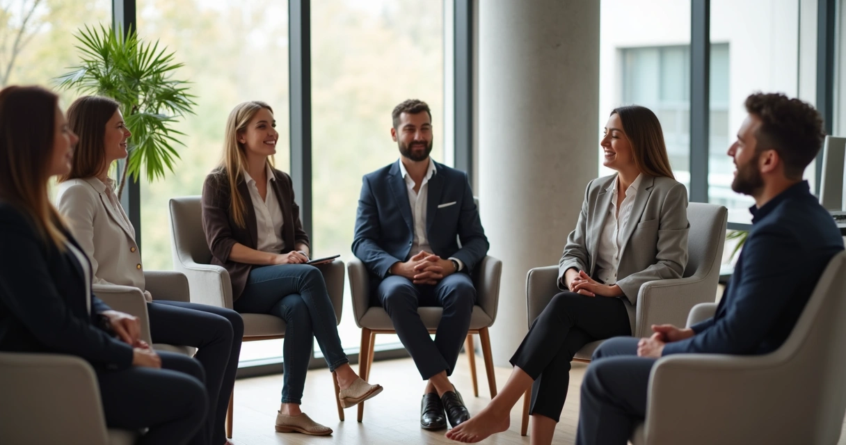 Equipe de líderes reunida fazendo pausa para mindfulness sentados em círculo