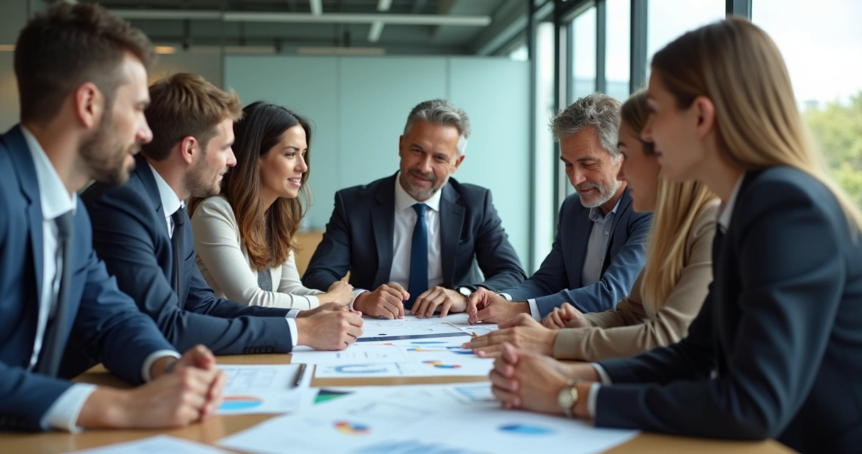 Grupo de líderes em reunião, atentos e focados, sala bem iluminada