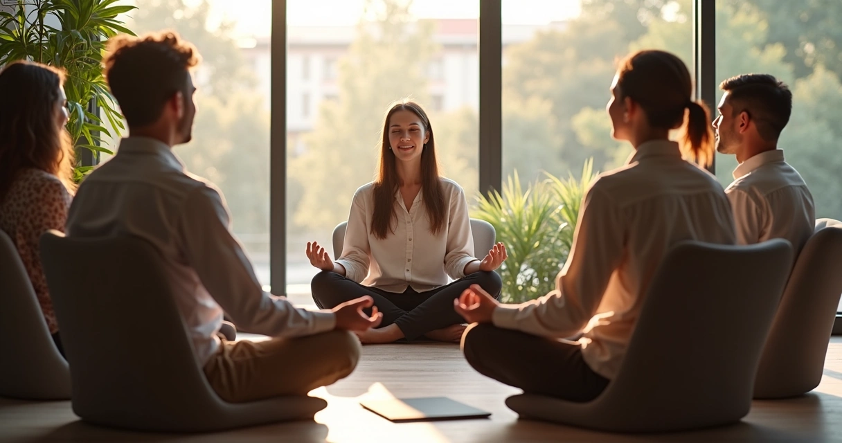 Grupo de líderes sentados em círculo praticando meditação em ambiente de trabalho. 