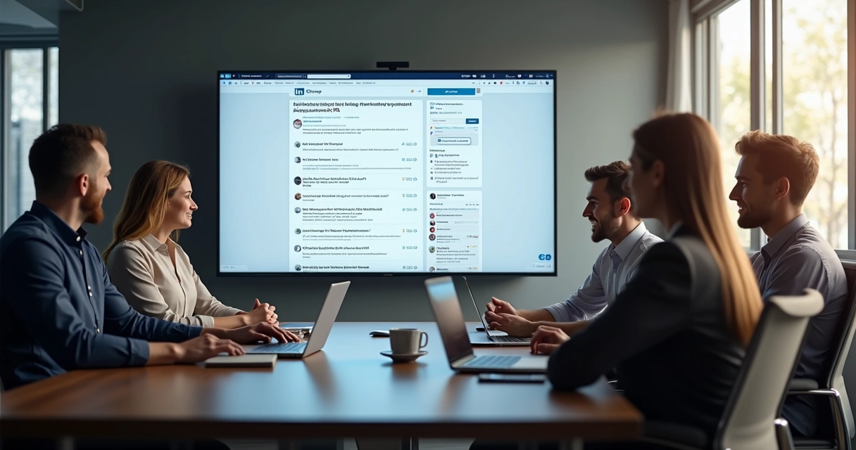 Colaboradores discutindo em grupo profissional no LinkedIn 