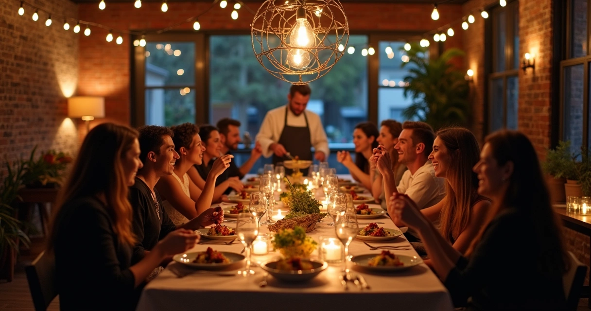Grupo reunido em loft no Brooklyn para jantar exclusivo 