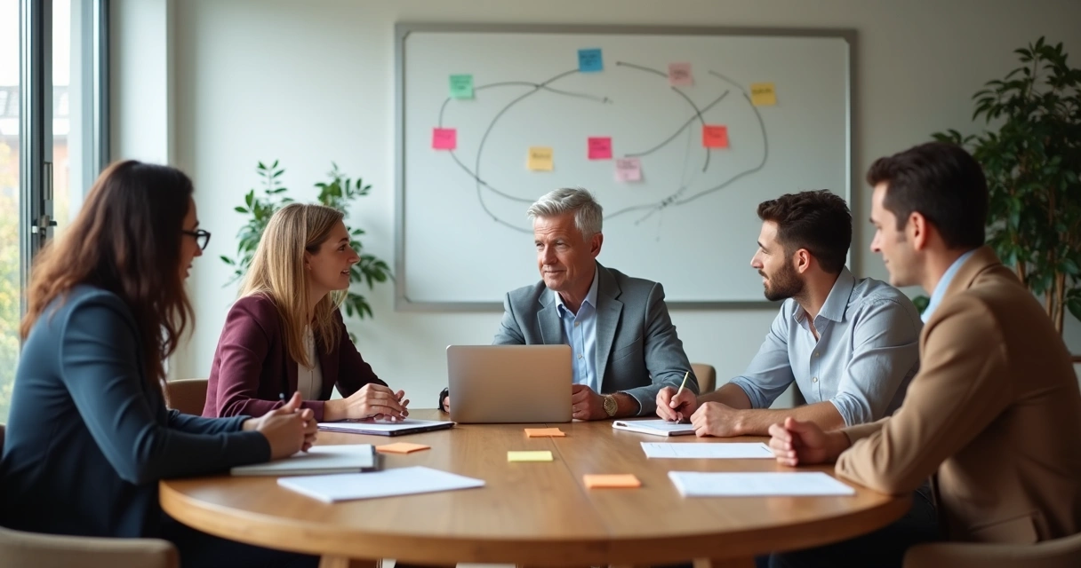 Grupo diverso em volta de mesa redonda colaborando com tranquilidade e foco 