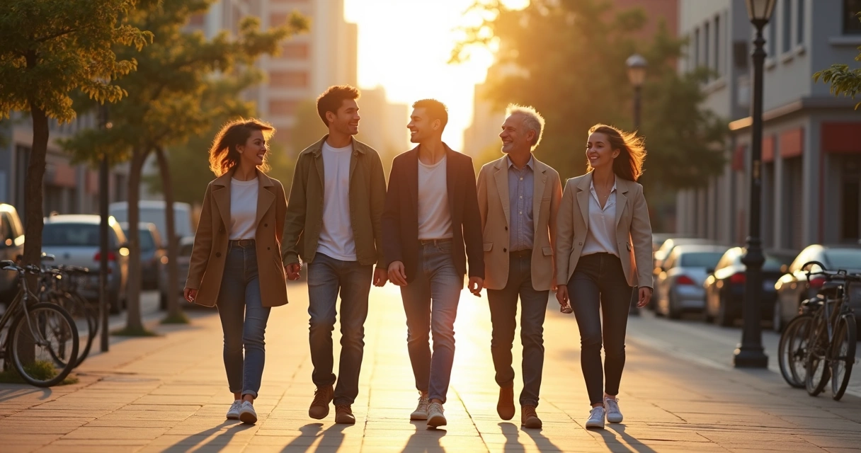 Grupo variado caminhando alinhado em calçada urbana ao pôr do sol 
