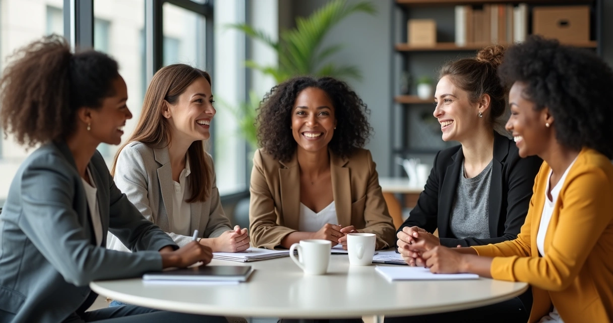 Grupo de mães empreendedoras reunidas conversando e sorrindo. 