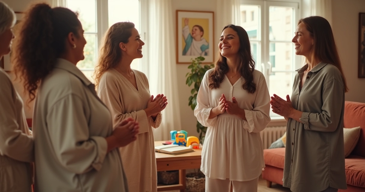 Grupo de mães orando de mãos dadas em círculo 