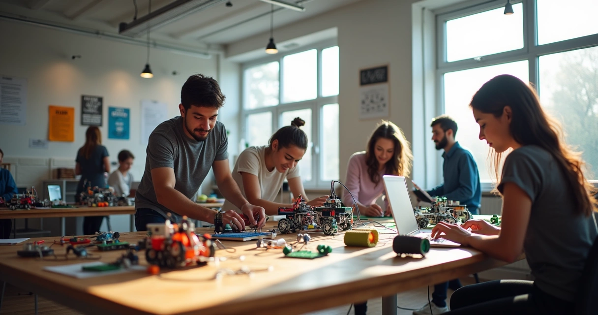 Grupo de pessoas reunidas em um makerspace trabalhando em projetos de tecnologia e robótica. 