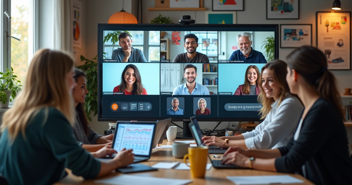 Pessoas conectadas em reunião digital com laptops e gráficos em alta resolução na tela 