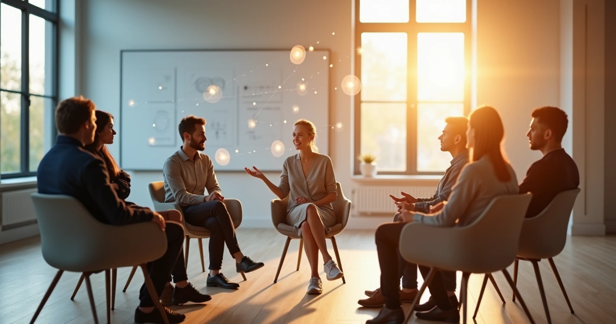 Grupo em círculo discutindo com silhuetas conectadas por linhas sutis 