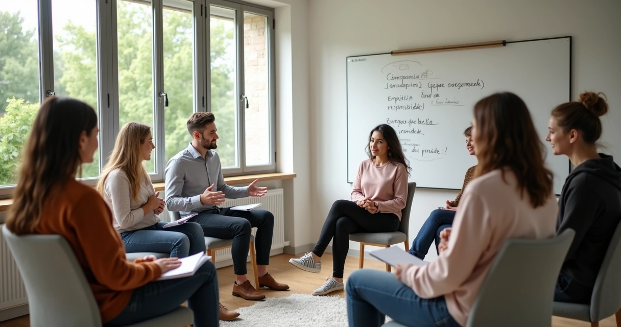 Grupo diverso sentado em círculo em uma reunião de desenvolvimento emocional 