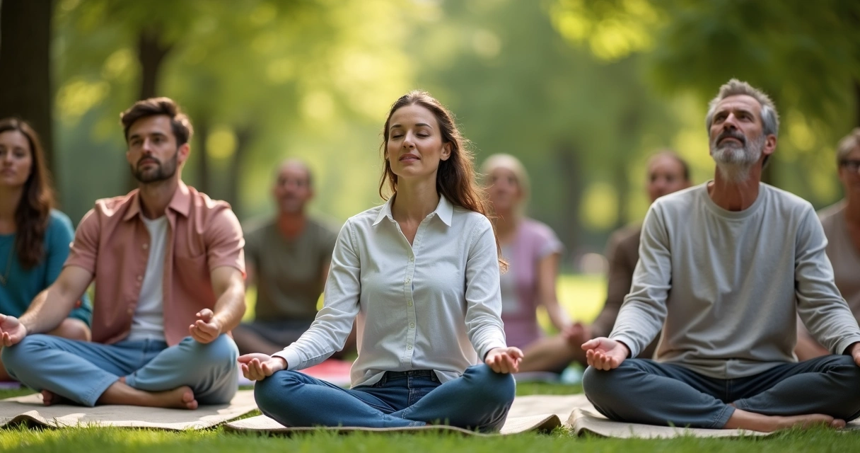 Grupo diverso de pessoas meditando ao ar livre 
