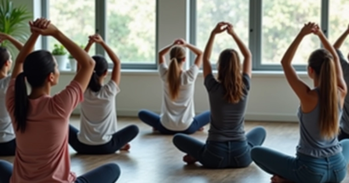Equipe de trabalho em roda praticando alongamento consciente 