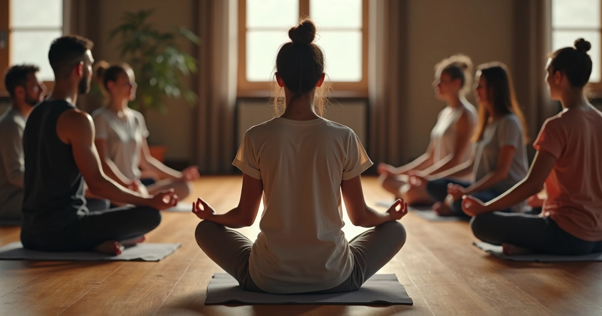 Grupo de pessoas praticando meditação em círculo, cada uma refletindo internamente 
