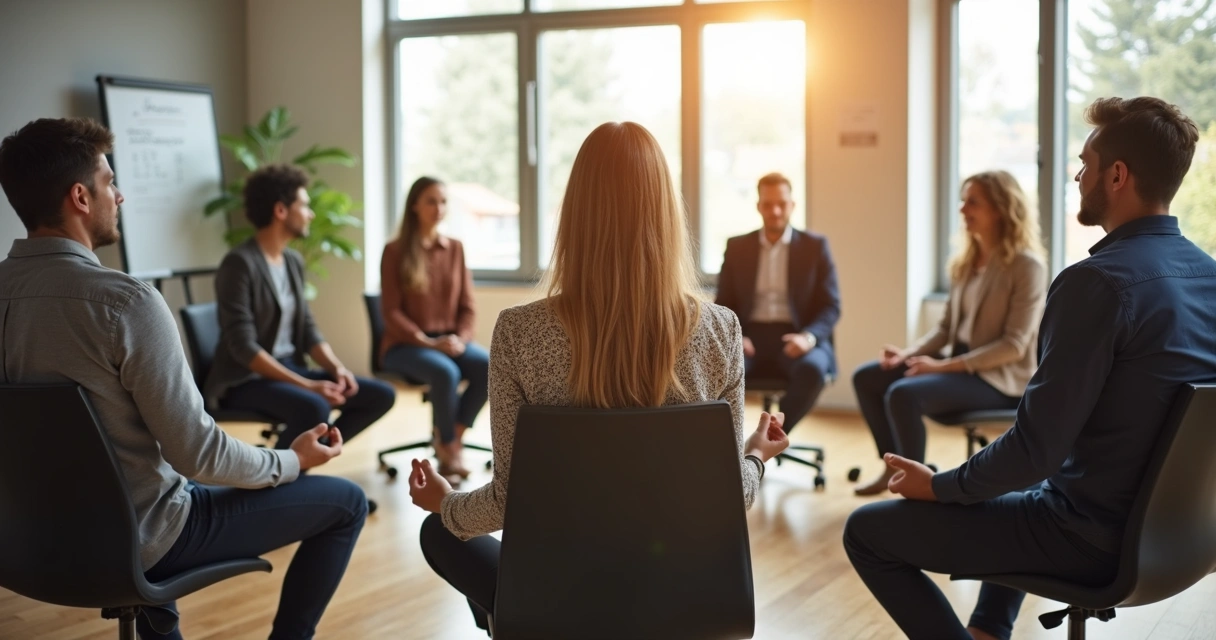 Grupo de profissionais sentados em círculo meditando em sala de reuniões. 