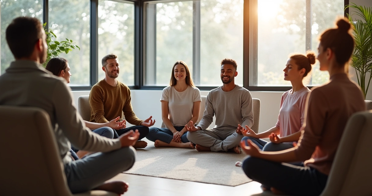 Grupo de pessoas meditando sentadas em círculo em ambiente corporativo