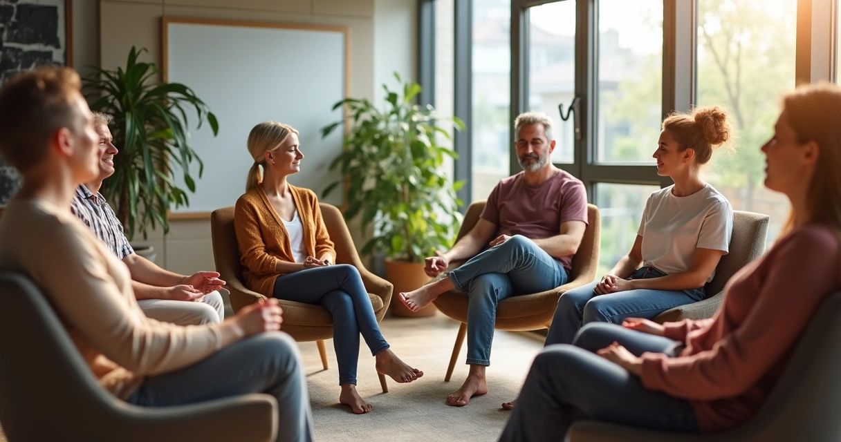 Grupo de pessoas sentadas em círculo meditando em escritório corporativo. 