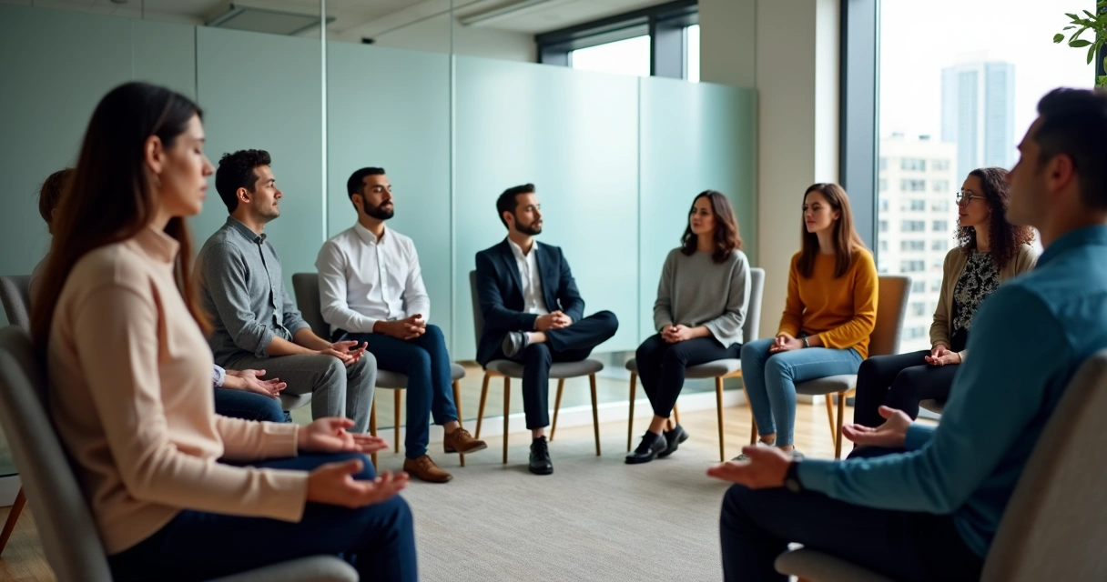 Grupo de pessoas sentadas em círculo em sala de reunião, olhos fechados e mãos sobre o colo 