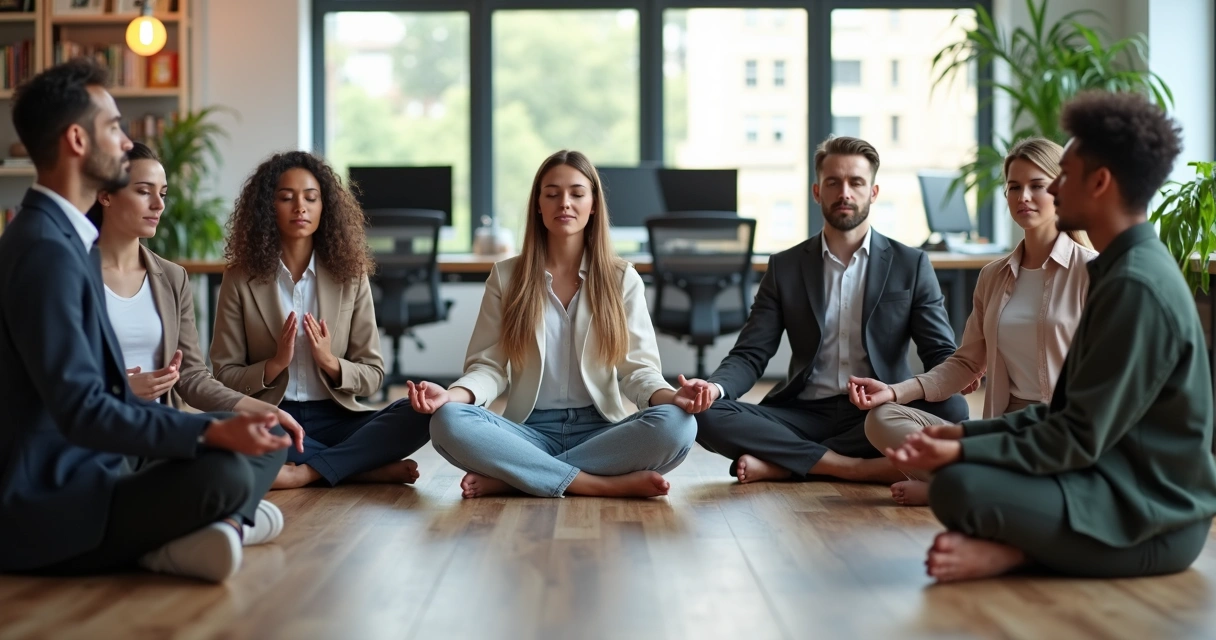 Grupo de pessoas meditando em círculo no ambiente de trabalho