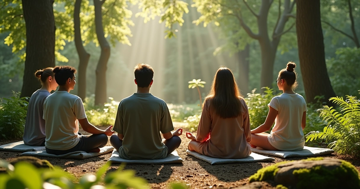 Pessoas sentadas em círculo praticando meditação em meio à natureza 