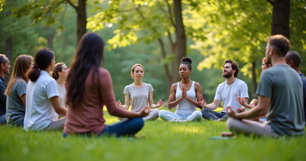 Grupo de pessoas sentadas meditando guiadas em círculo em um parque