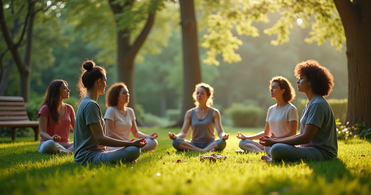 Grupo meditando en círculo en un jardín 