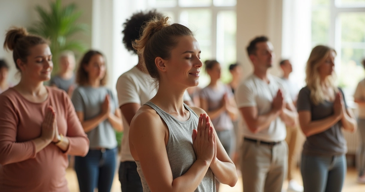 Grupo diverso praticando meditação ativa em espaço iluminado 